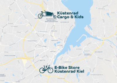 Karte von Kiel die das Küstenrad Kiel und das Küstenrad Cargo & Kids zeigt.